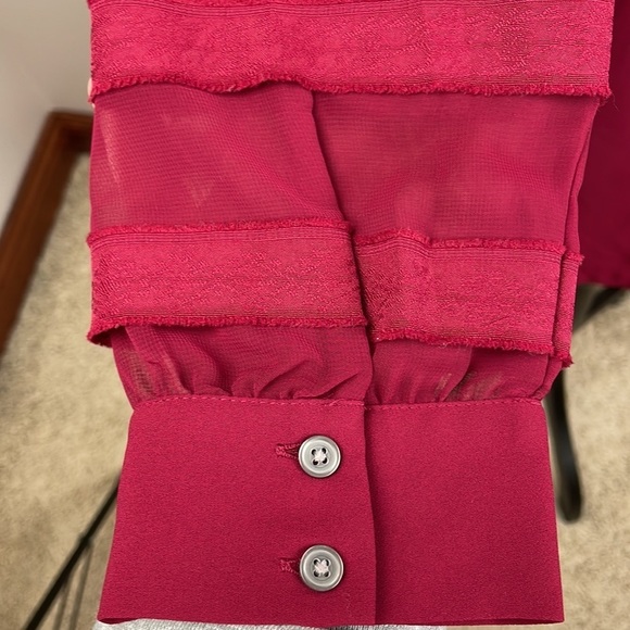 LOFT Long Sleeve Shirt SZ Large Sheer Sleeves with Striping Maroon Red Flowy - Picture 6 of 9